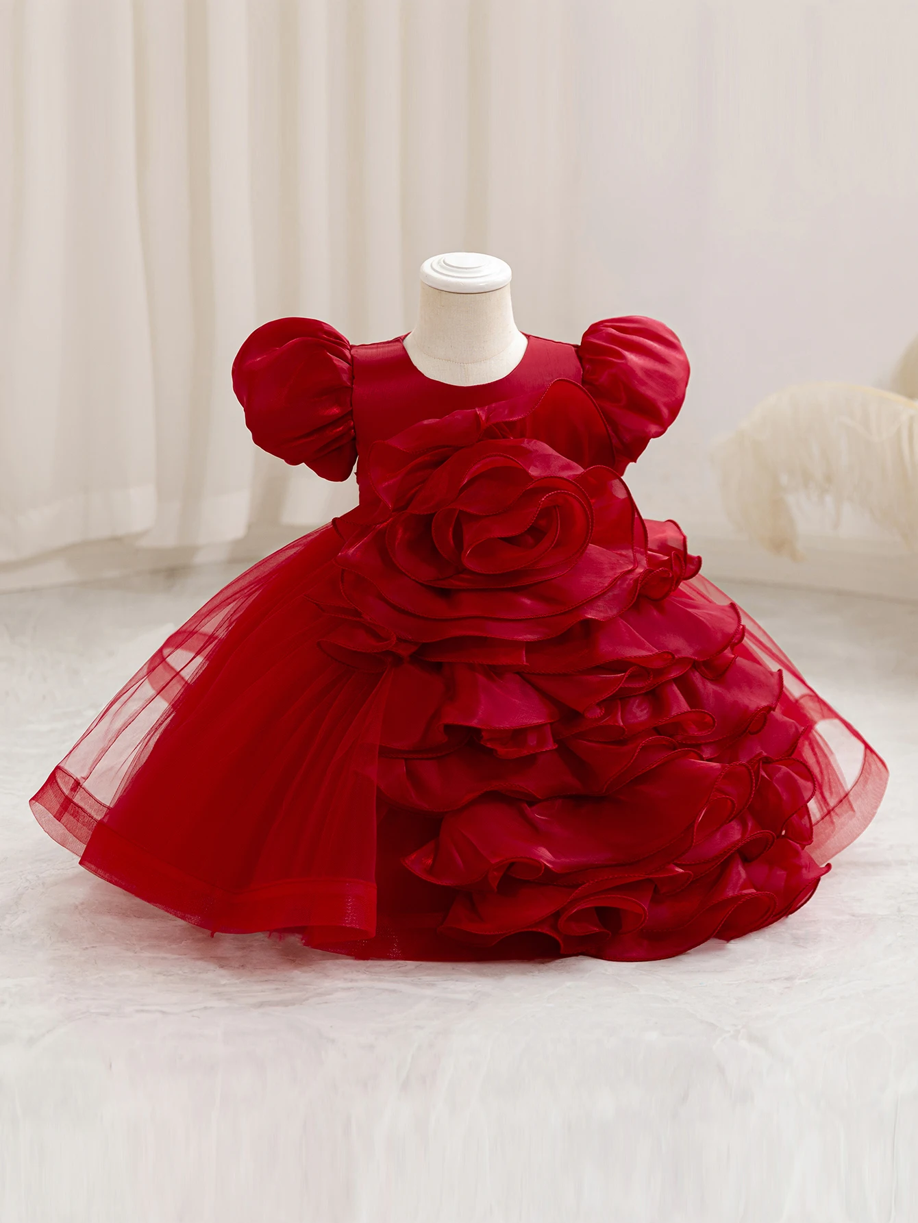 One-Year-Old Dress Princess Dress Girl Dress Puff Sleeve Children's Fluffy Skirt Birthday Party Dress Three-Dimensional Fl