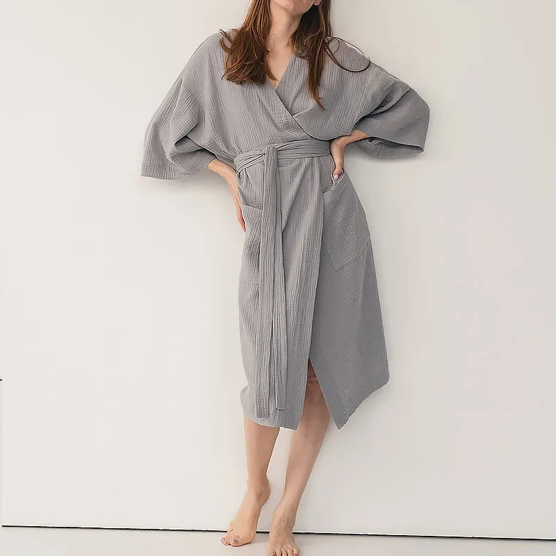 Muslin 100% Cotton Gauze Robe Women\'s Dress Three-quarter Sleeves Gray Nightdress Sleepwear Bandage Bathrobe Female Pajamas