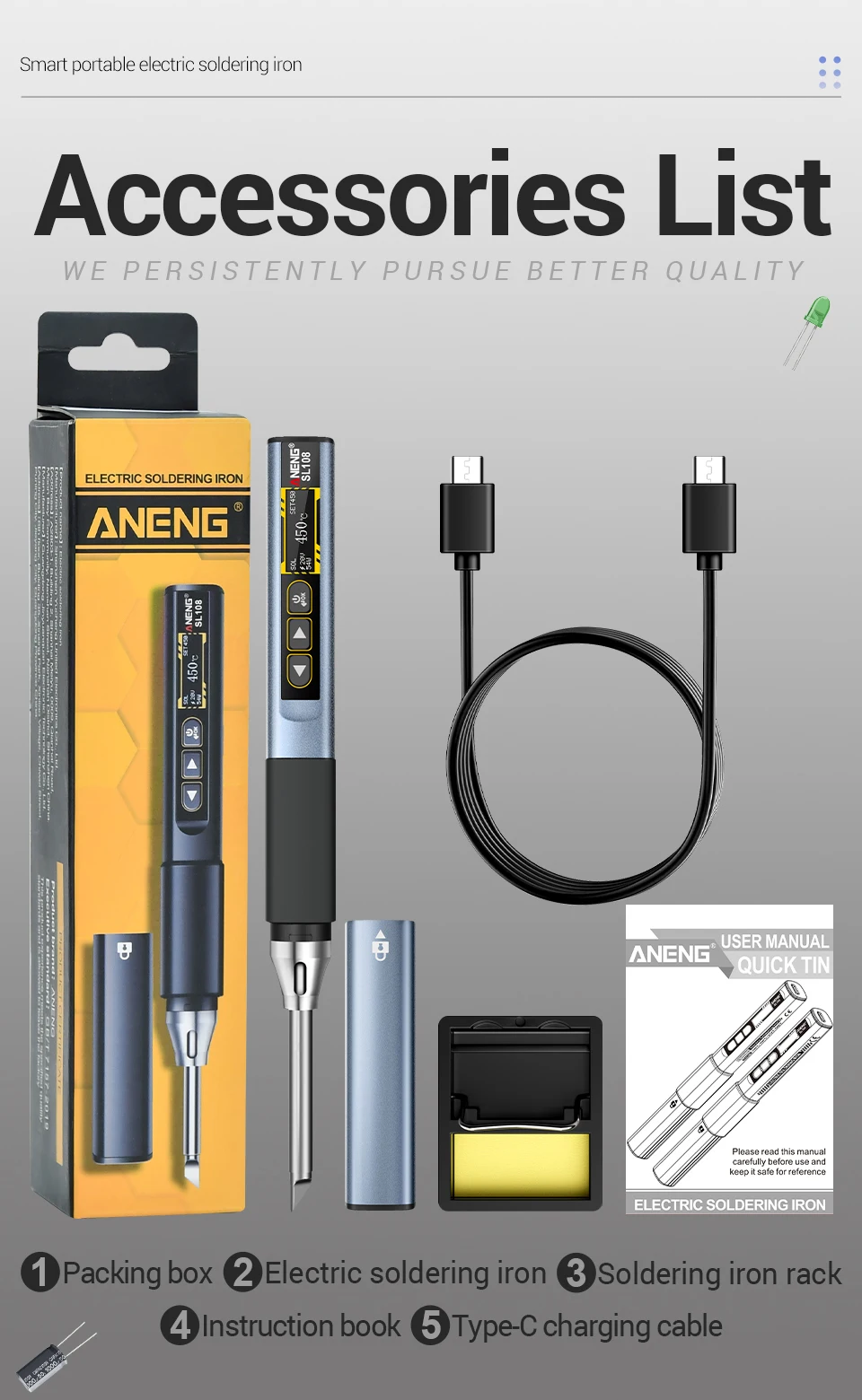 

Портативный цифровой умный паяльник ANENG SL108, электрический, 96 Вт, с регулировкой температуры, быстрый нагрев, набор инструментов