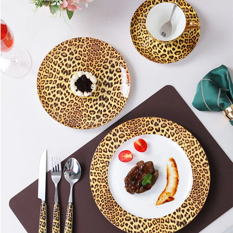 Leopardenmuster Bone China Geschirrset Porzellan Kaffeetasse Teetasse Messer Gabel Löffel Set Speiseteller Schüssel Tafelgeschirr Geschenk