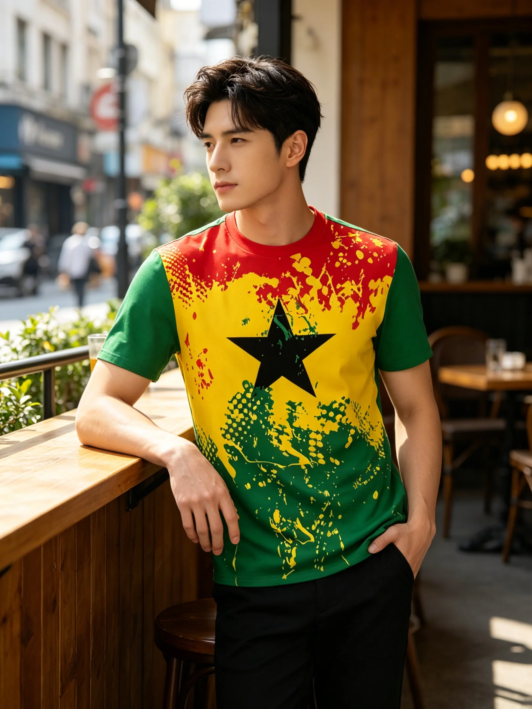 New men's short-sleeve T-shirt, loose-fitting and tailored with printed designs, versatile basic crew-neck top suitable for spri