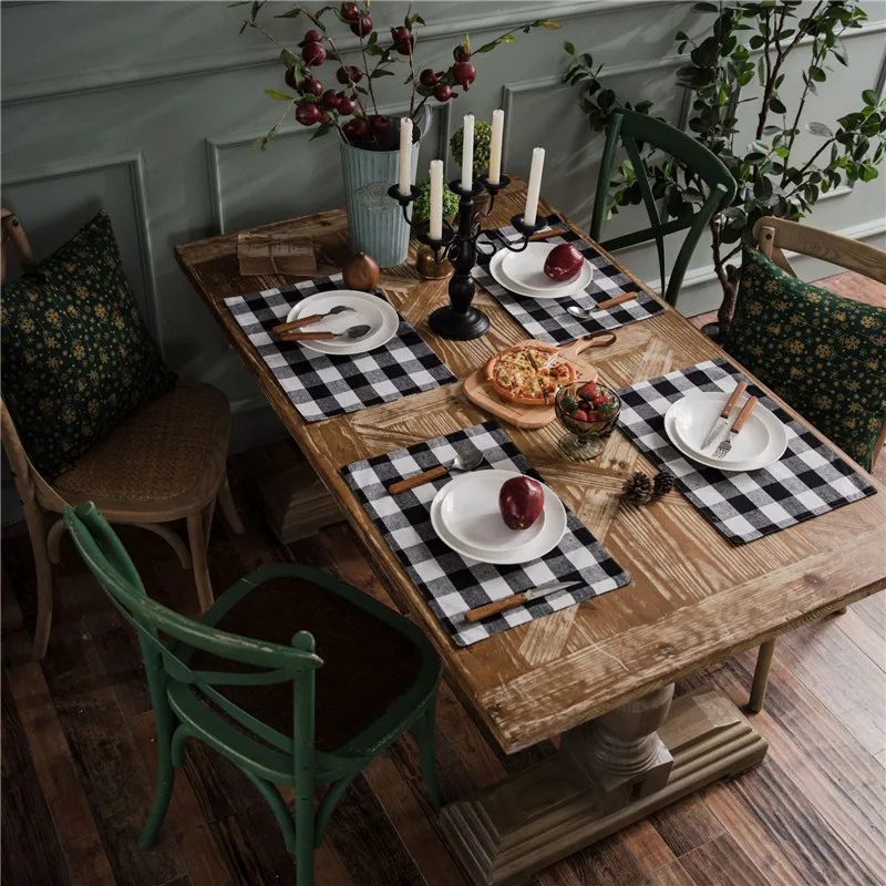 

1Pc 32x45cm Red Black Grid Placemat Christmas Party Decor Table Mat Insulation Pad Cotton Linen Coaster