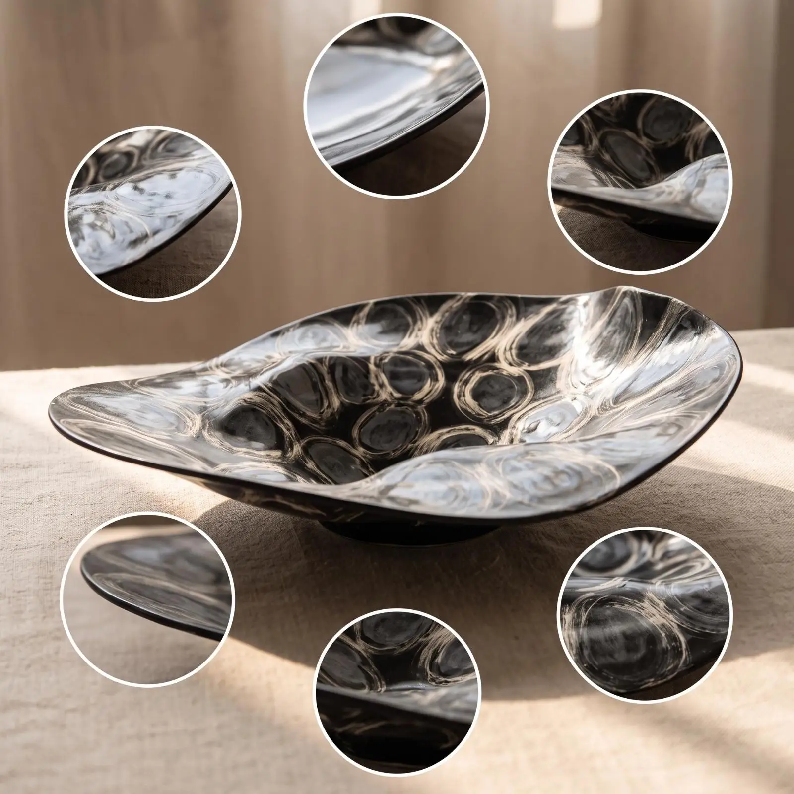 Ceramic Vase Modern Abstract Circular Pattern Fruit Bowl Shallow Sculptural Decor Piece for Kitchen Countertop Styling