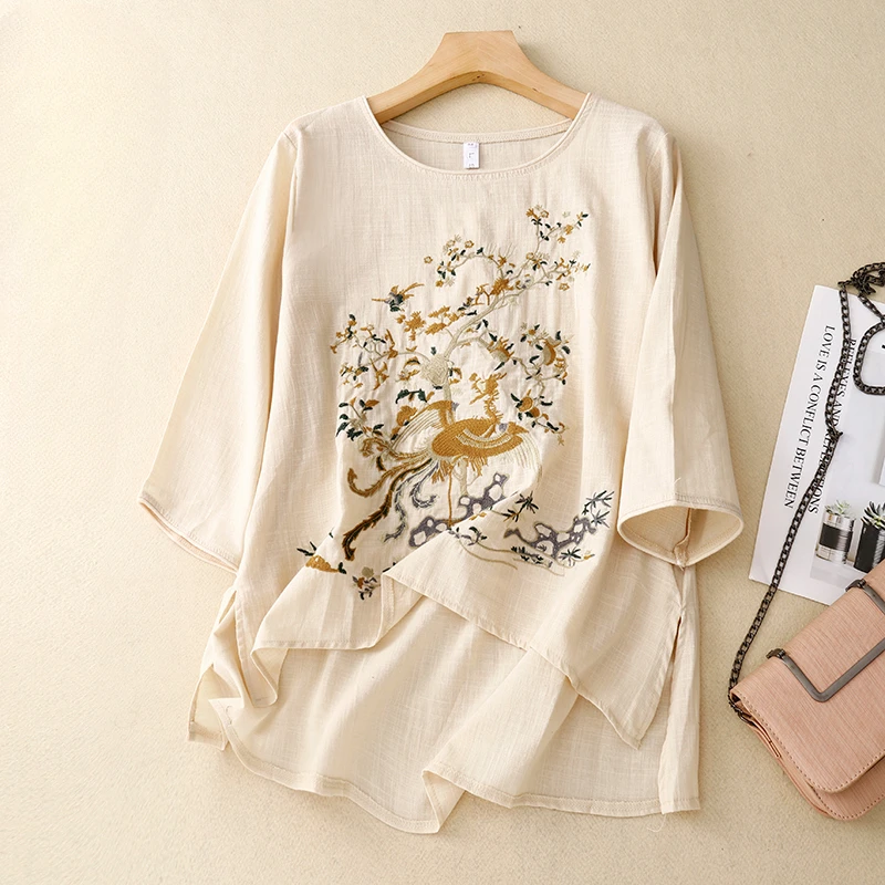 Chinese Style Embroidery Women\'s T-shirts Summer Cotton Linen Tees Loose Vintage Women Tops O-neck Clothing 2024 Korean