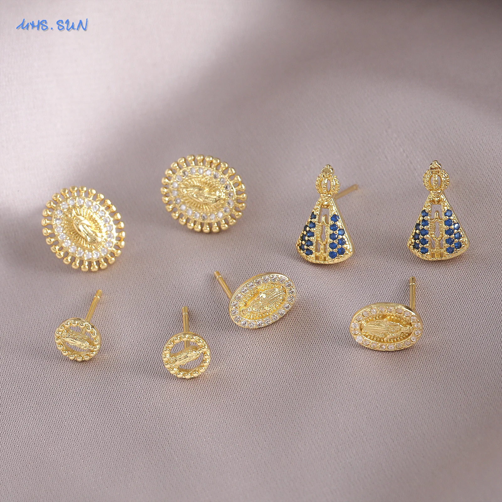 MHS.SUN Zircon Virgin Mary Portrait Stud Earrings for Women Exquisite Gold Plated Santa Maria Earring Religion Jewelry Gift