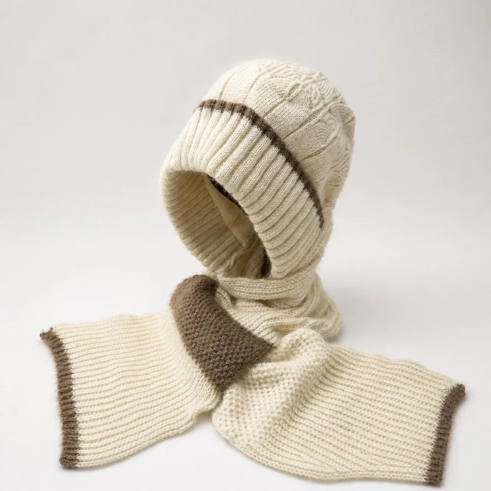 Patchwork Design Knitted Hat Scarf Set Fleece Lined Windproof Hooded Scarf Hat Thick Knit All In One Thermal Winter Headwear