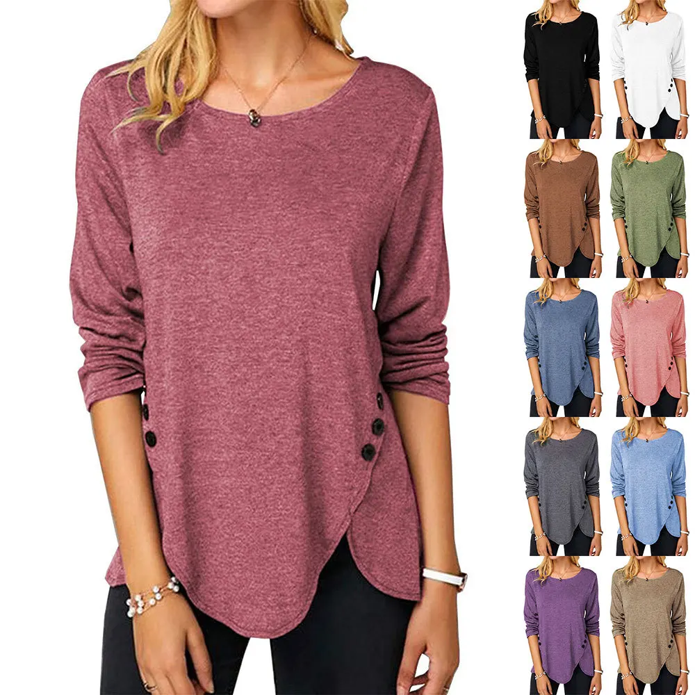 Women's Top New Irregular Hem Button Long Sleeve Round Neck T-shirt Female & Lady Spring and Autumn Casual Fashion Tops Shirts
