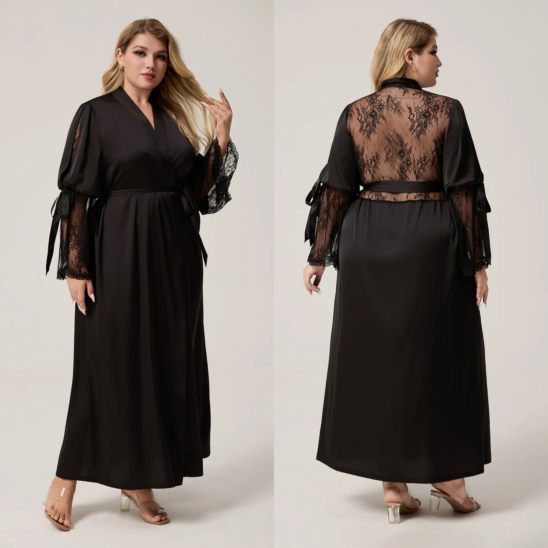Women Black Back Lace Hollow Out Long Robe Retro Satin Sleepwear Long Sleeve Kimono Bathrobe Loose Home Wear