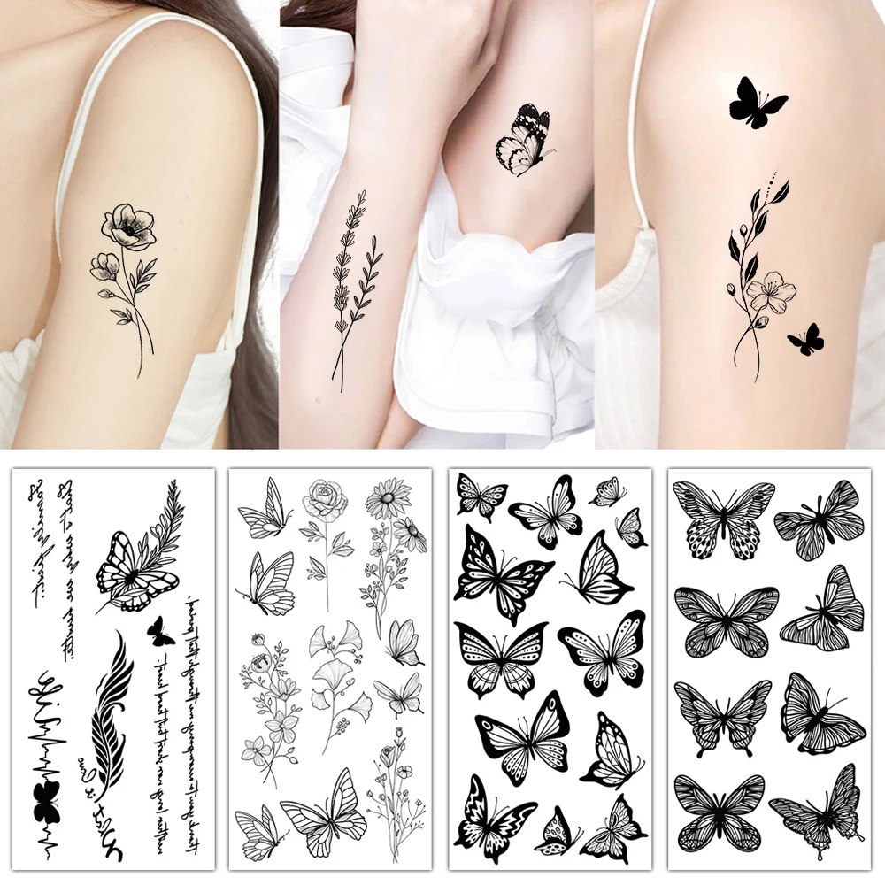 Tatuaje adhesivo a prueba de sudor, tatuaje temporal de flores falsas, mariposa, arte corporal, bricolaje, Sexy, de larga duración, 1 piezas