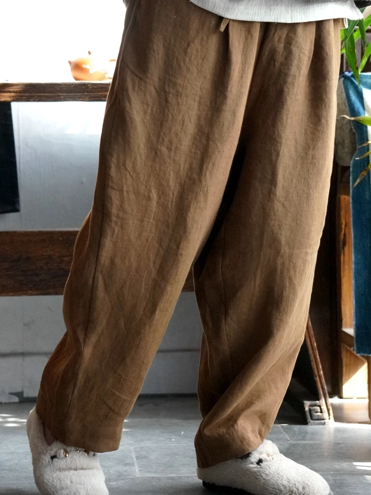 

Original Artistic Brown Linen Wide Leg Pants Casual Trousers for Women Spring Autumn Season l Waist Long Pants
