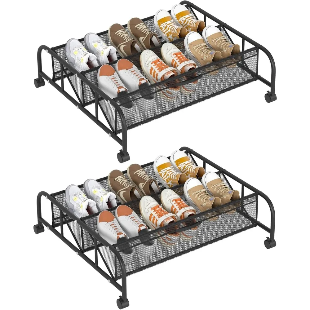 

2 Tier Shoe Rack Underbed Organizer Storage Rack with Wheels Woven Mesh Cloth Drawer Space Saving for Bedroom (Black, 2 Pack)