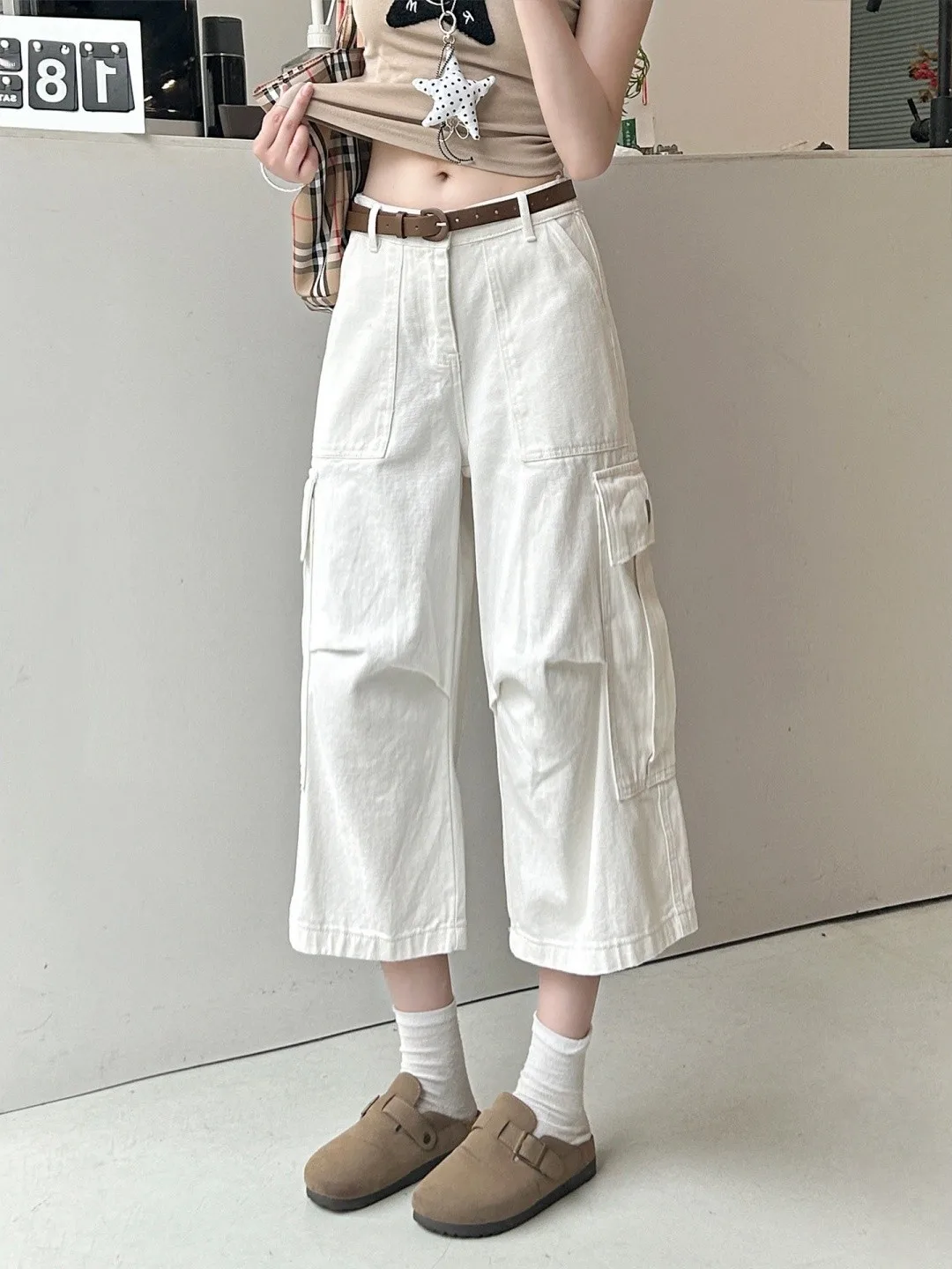 

White High Waist Wide Leg Seven-Foot Casual Jeans Women's Loose Slimming Summer Jeans Multiple Pockets Vintage Style