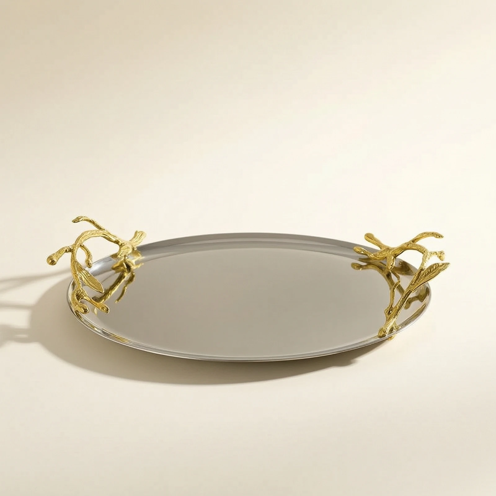 Fruit Tray with Metal Frame Stainless Steel Decorative Bowl with Branch Handle Fruit Serving Tray Mirror Finish Botanical