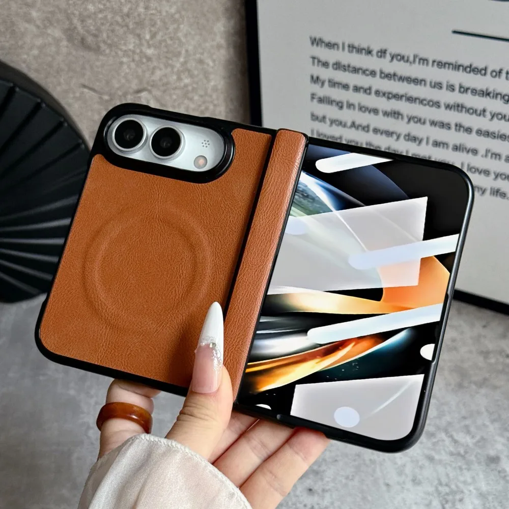 For Iphone Duo Fashion Leather Phone Case Front Protection Film Hinge MagSafe Magnetic Hard Shell Back Cover