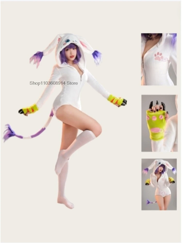 Anime Cosplay Gatomon Tailmon Neko Cosplay Costume Cute Halloween Sexy Romper Bodysuit Hooded Belt Tail Anime Doujin Suit