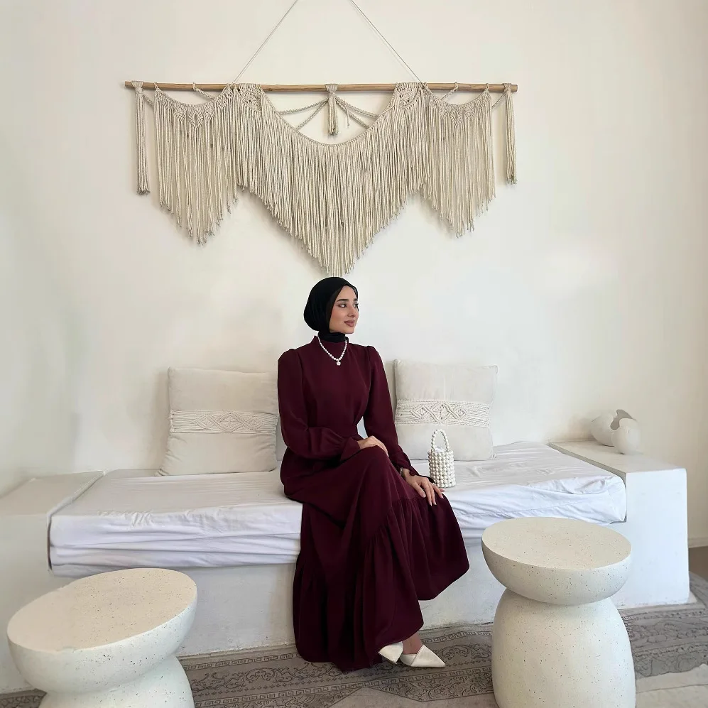 Muslimische Mode Abaya Muslim Solid Langarm Kleid Schnürrock Dubai Kaftan Damen Maxi Damen Robe