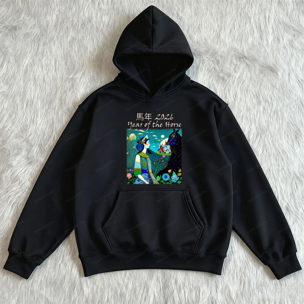 

2026 Китайский Новый Год Лошади Женские Зимние Толстовки Новогодний Арт-деко Уникальный Дизайн Весенний Фестиваль Пуловер Унисекс Толстовка