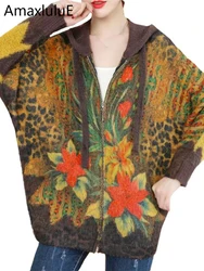 Amax luluE 2024 Winter Women Fashion Loose Knitted Warm Hooded Sweaters Ladies Luxury Floral Leopard Christmas Zipper Cardigans