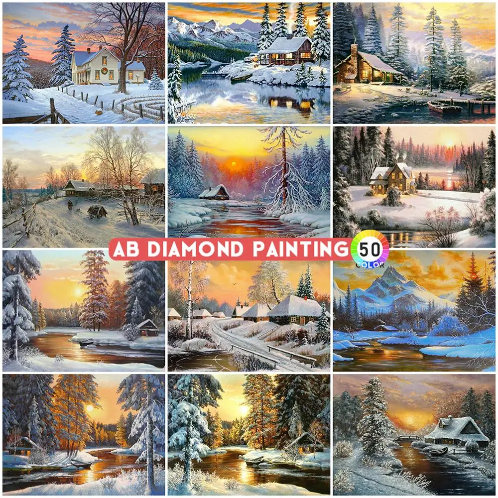 AB Drills Diamond Mosaic Winter Landscape Picture Of Rhinestone House Diamond Embroidery Cross Stitch Set Sunset Wall Art