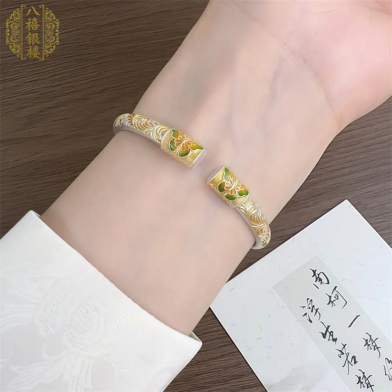 999 غرامة الفضة الإسورة للنساء المينا فراشة و تانغ العشب نمط النيو الصينية نمط الذهب تتبع المفتوحة الكفة هدية مجوهرات #4