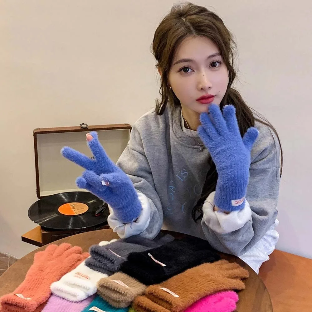 Cute Y2K Soft Finger Gloves Faux Rabbit Hair Touch Screen Candy Color Gloves Windproof Thickened Anti-cold Mittens Gifts