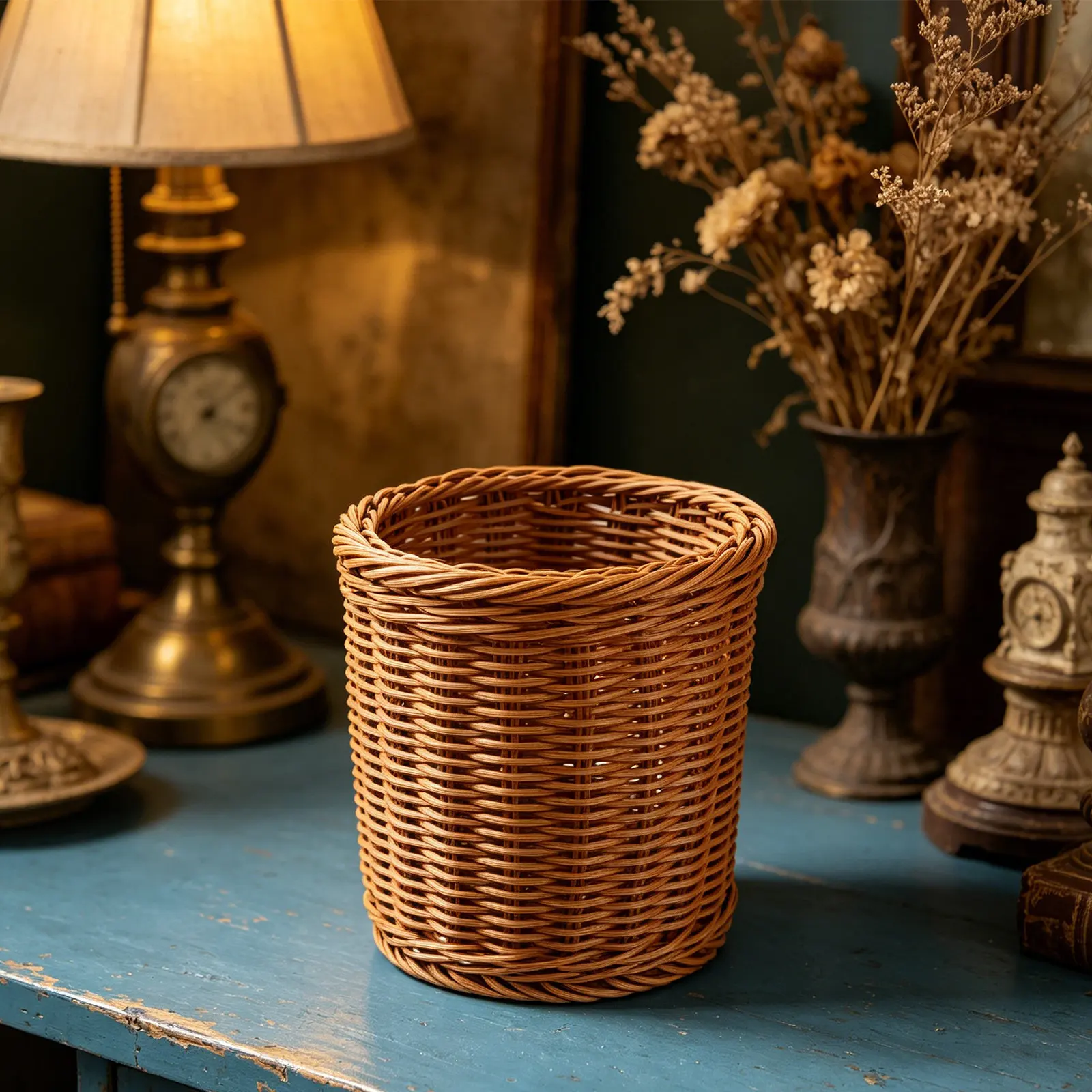 Simulation Rattan Storage Basket Medium Size Coffee Plastic Pen Holder Desktop Organizer Sundries Storage Basket Stationery