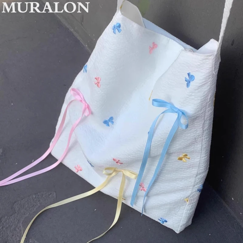 

Sweet Bowknot Crossbody Small White Bag 2024 Summer Casual All-match Shopping Canvas Totes Girls Student Cute Shoulder Bag