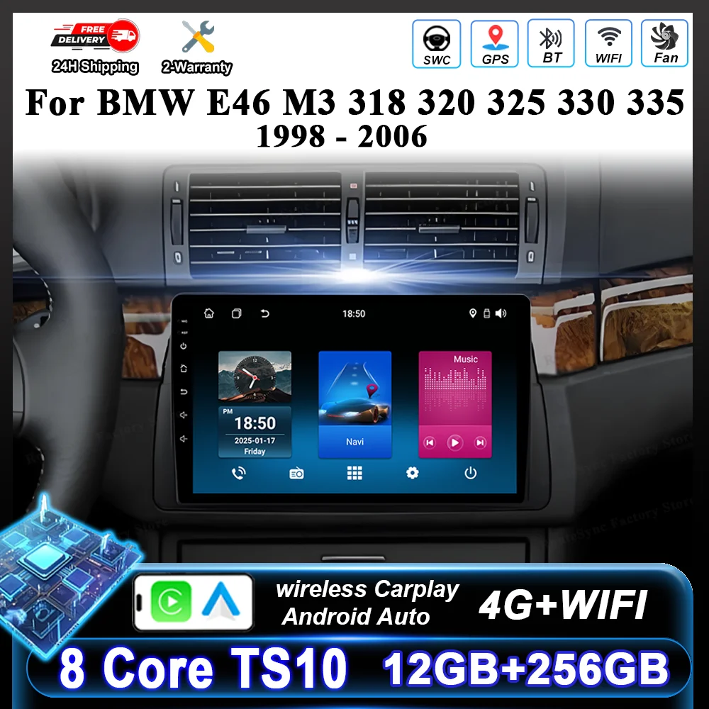 Автомобильный DVD-плеер Android 16 для BMW E46 M3 318 320 325 330 335 1998-2006, мультимедийный проигрыватель с CarPlay, Bluetooth, GPS-навигацией