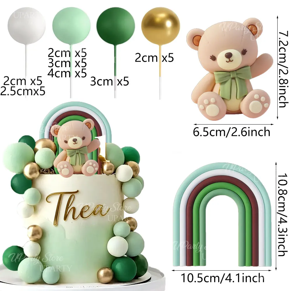 1 Set Grüne Bären-Kuchendekoration für Babyparty Gold Salbeigrüne Schaumstoffbälle Schleife Bären-Kuchenaufsatz für Mädchen Jungen Geburtstagsfeier Deko – Detail 2