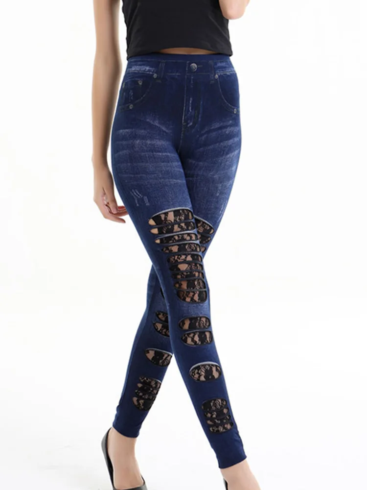 Sexy Leggings Faux Denim Jeans Jeggings Lace Hollow Floral New Fashion Penci Pants Fitness Leggins Sports Trousers