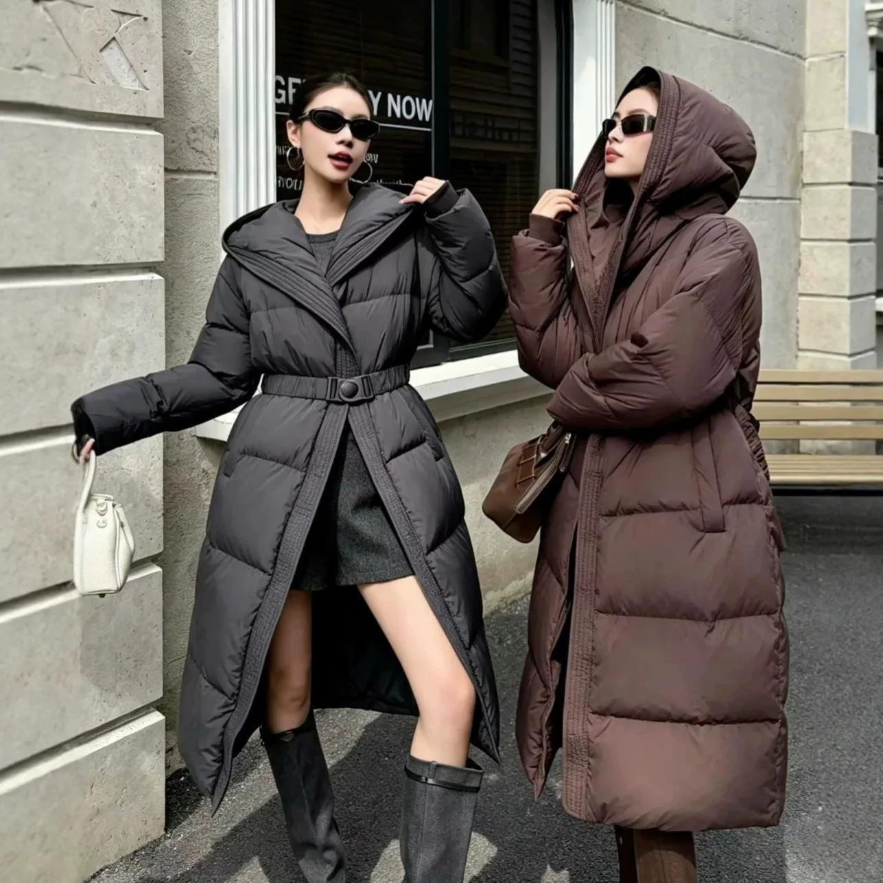 Winter High-end Hooded Long Down Jacket Women White Duck Down with Belt Outwear Female Waterproof Parker Knee Length Down Jacket
