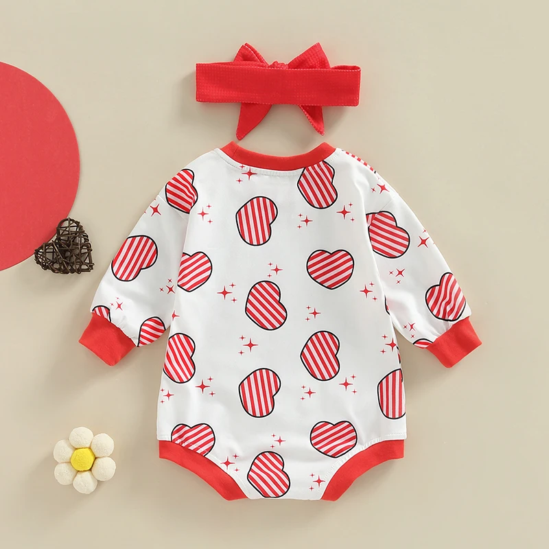 Valentine s Day Baby Girl Outfit Pink Heart Print Romper with Matching Headband and Booties Set for Infants