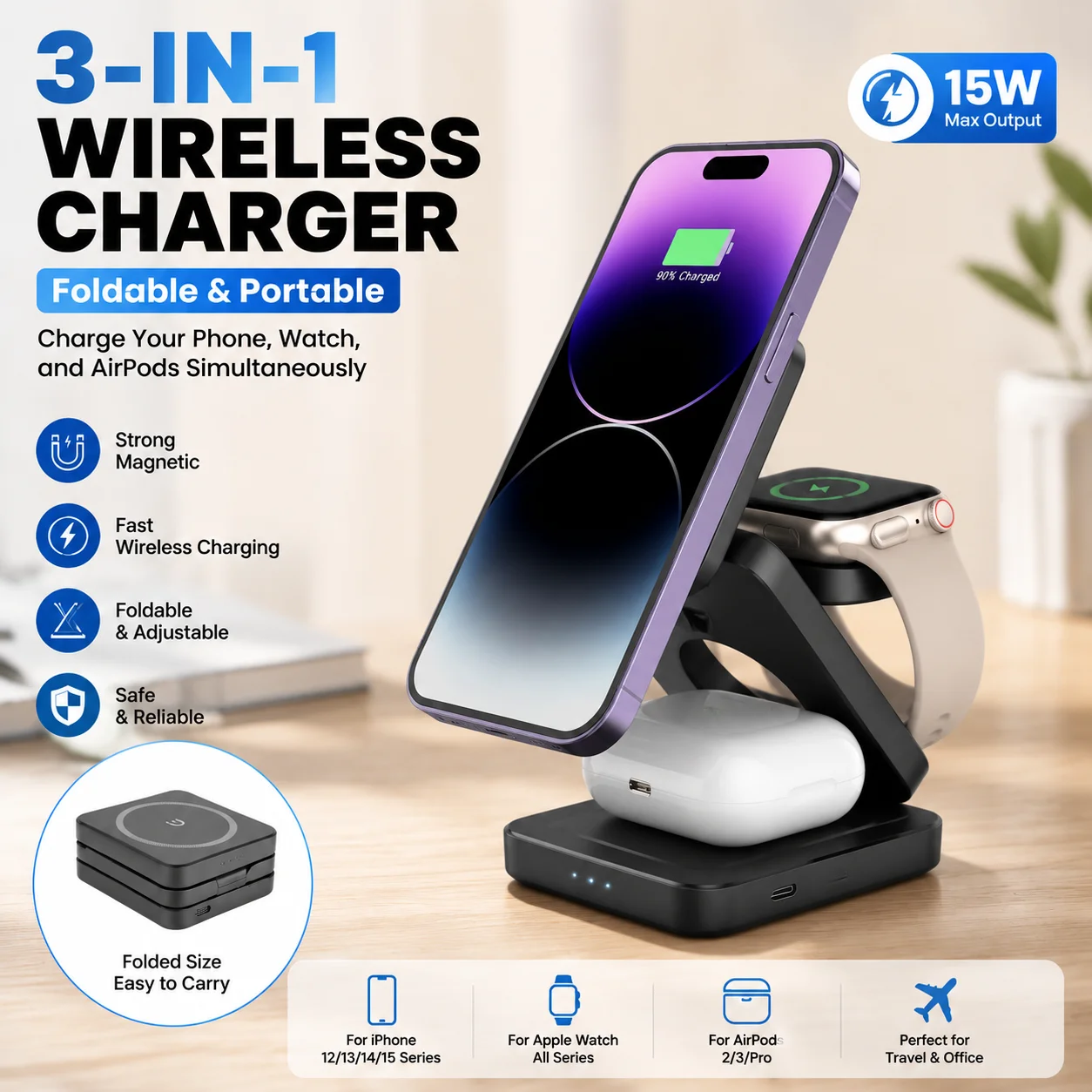 Carregador Sem Fio 3 em 1, Suporte Magnético Dobrável para iPhone 16 15 14 13 Pro Max e Apple Watch 8 9