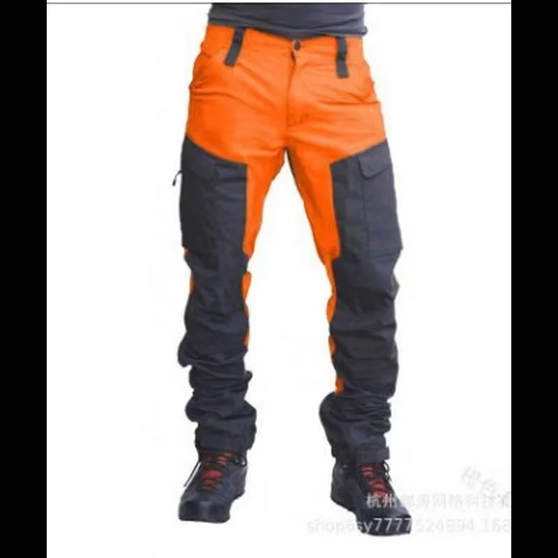 European American Men Slim Fit Cargo Pants Long Outdoor Sports Motorcycle Casual Multi Pocket Color Blocked Trousers