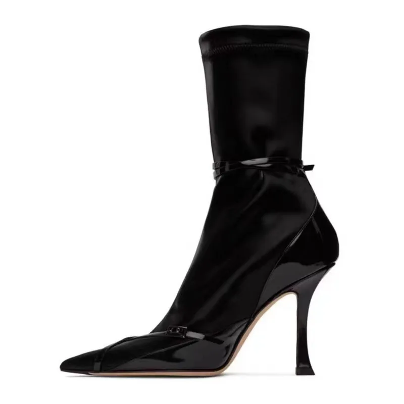Fashion Women Stretch Sock Boots Pointed Toe Ankle Booties Black Thin High Heels Slip on Belt Buckle Elegant Autumn Botas Black