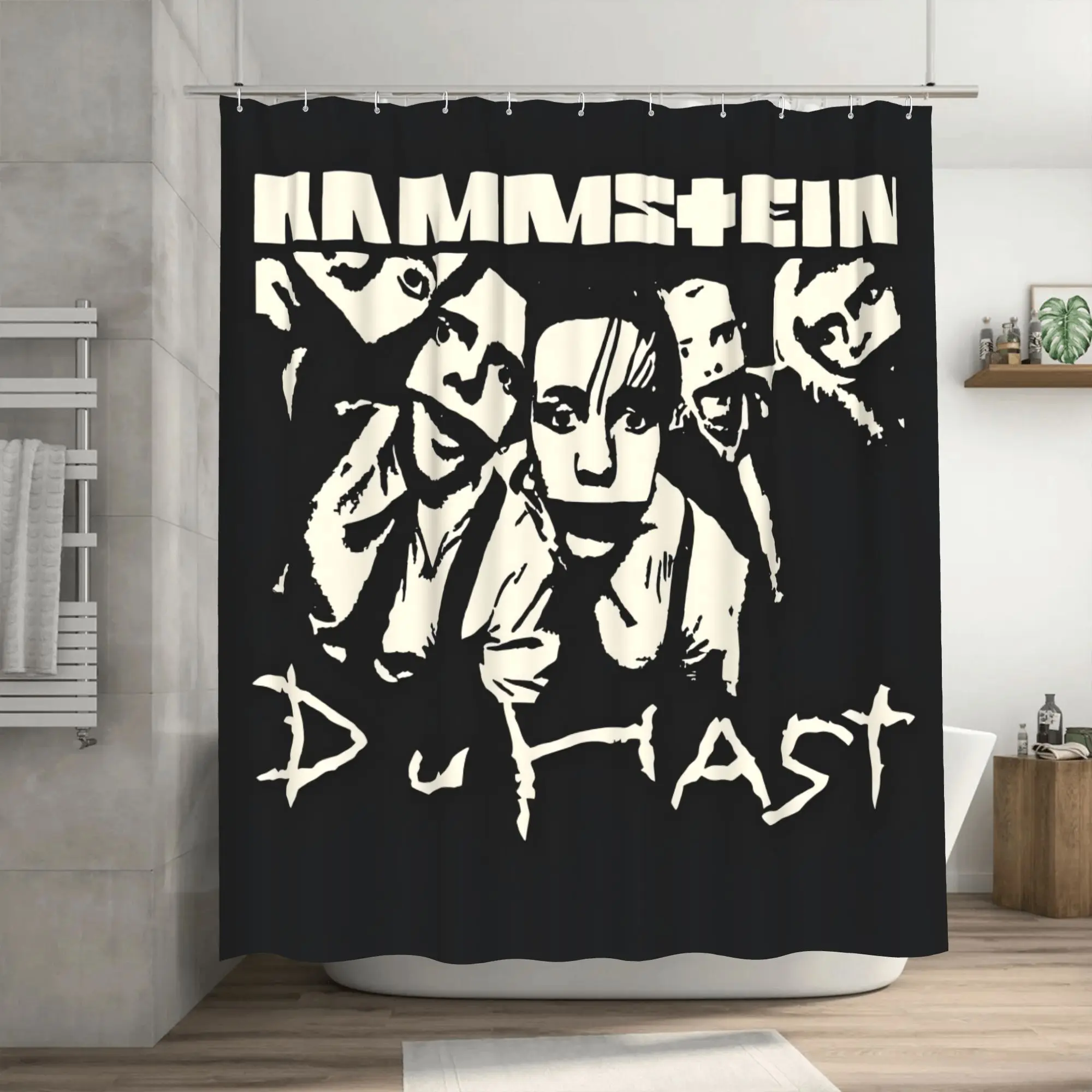 Cortina de ducha con diseño de banda Rammstein Du Hast4, decoración de baño de poliéster duradero con ganchos, lavable a máquina, Gra blanco y negro