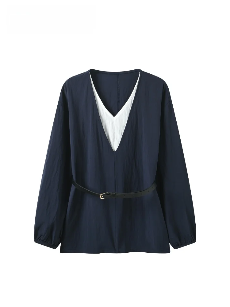 

plus Size Women's Long Sve V-Ne irt Faionable Versatile Fake Two-Piece Top Trendy for plus Size Sister Autumn Wear