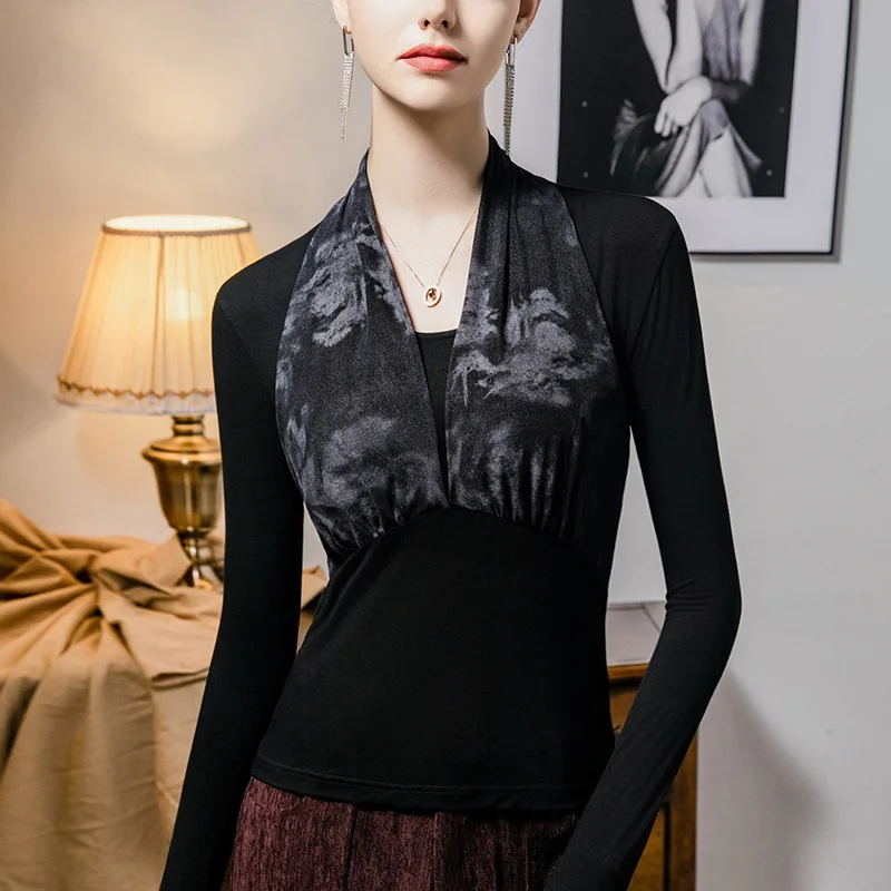 #4282 Black False Two Piece T Shirt Women V-neck Sexy Split Joint Streetwear Short Tshirt Female Long Sleeve Tight Office Tee
