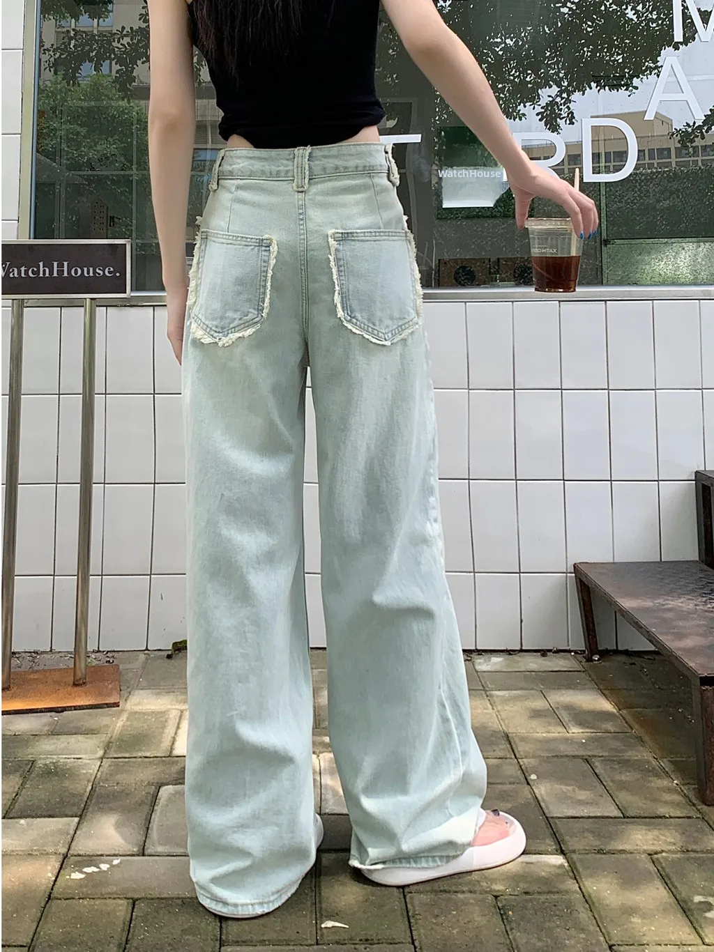 بنطلون جينز نسائي واسع الساق بخصر عالٍ، تصميم صيفي جديد 2025، يمنح إحساسًا بالرشاقة، فضفاض بطول الأرض، على الطراز الكوري