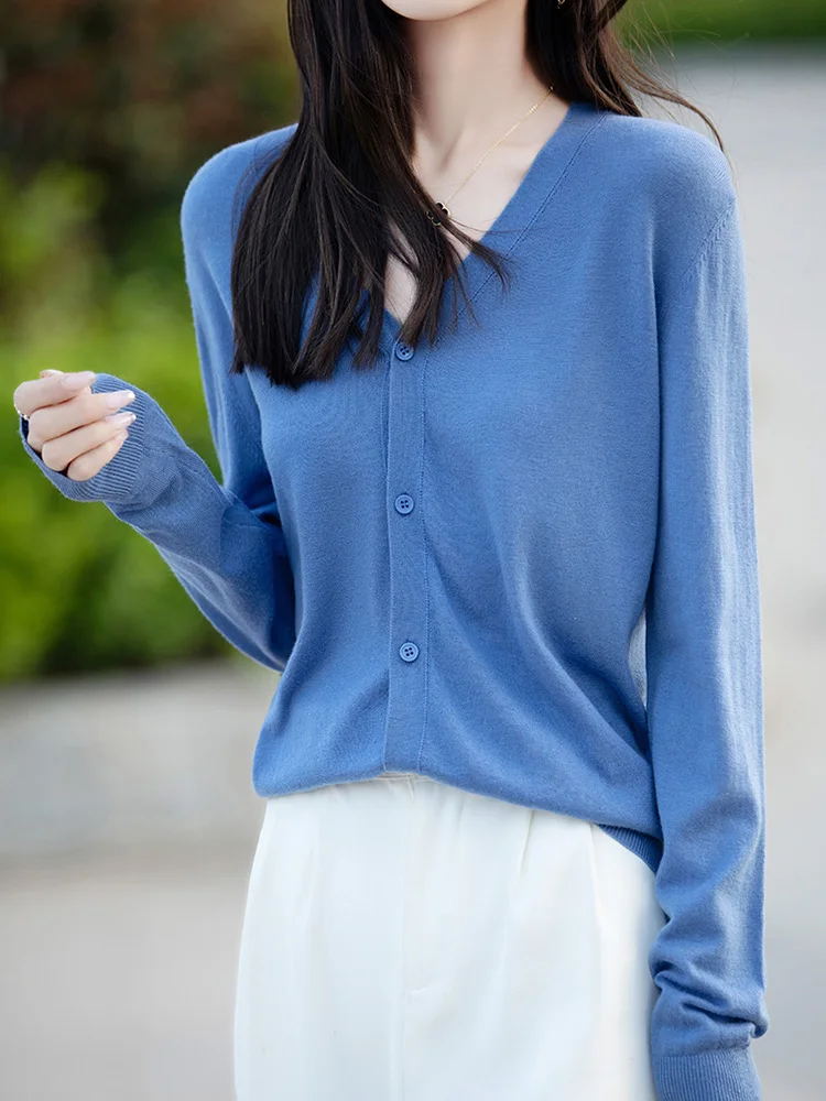 

Classic 30% Merino Worsted Wool Women Knitted Cardigan Spring Summer Solid Shirt Sweater Long Sleeve Clothes Tops Thin Outerwear