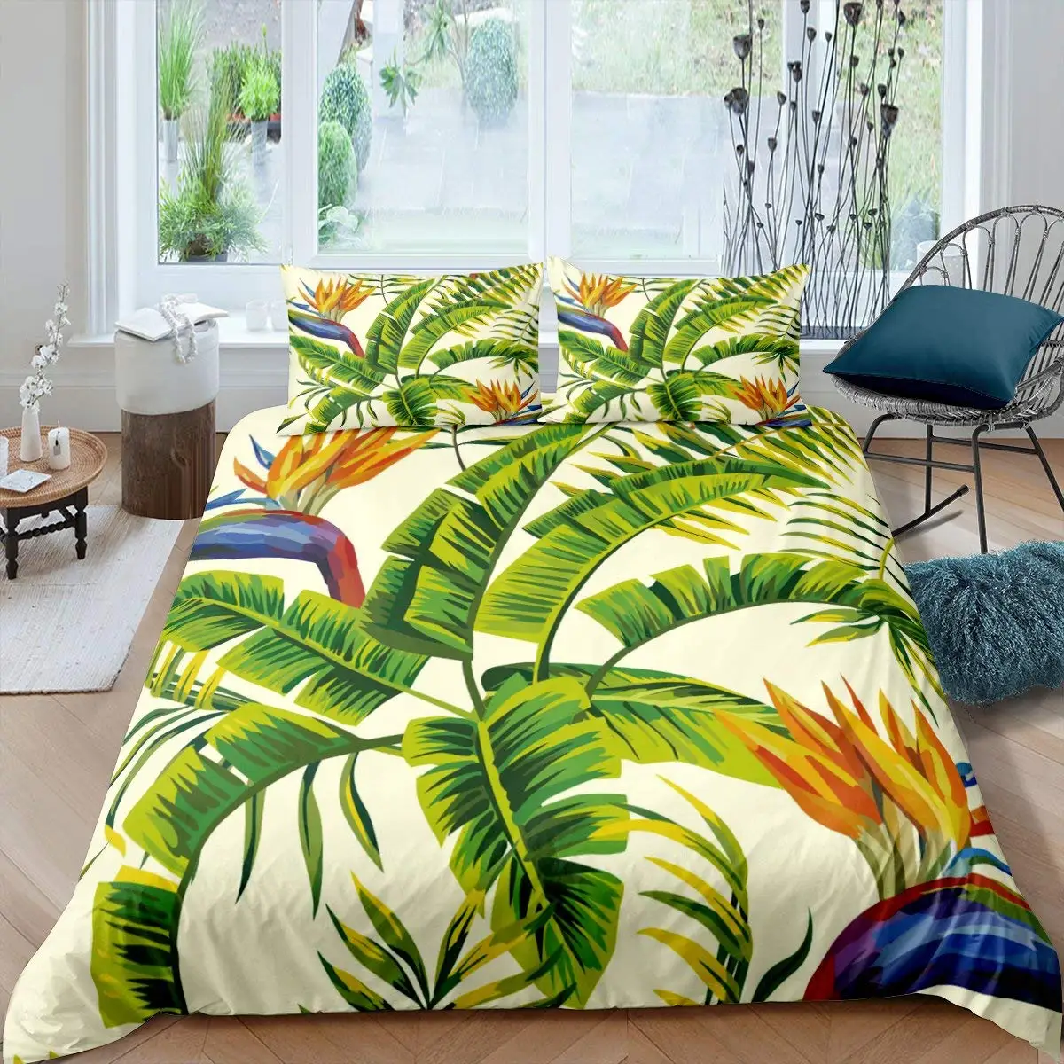 Palm Leaves Duvet Cover Tropical Bedding Set for Teens Child Young,Botanical Jungle Comforter Cover Pastoral Style Bedroom Decor