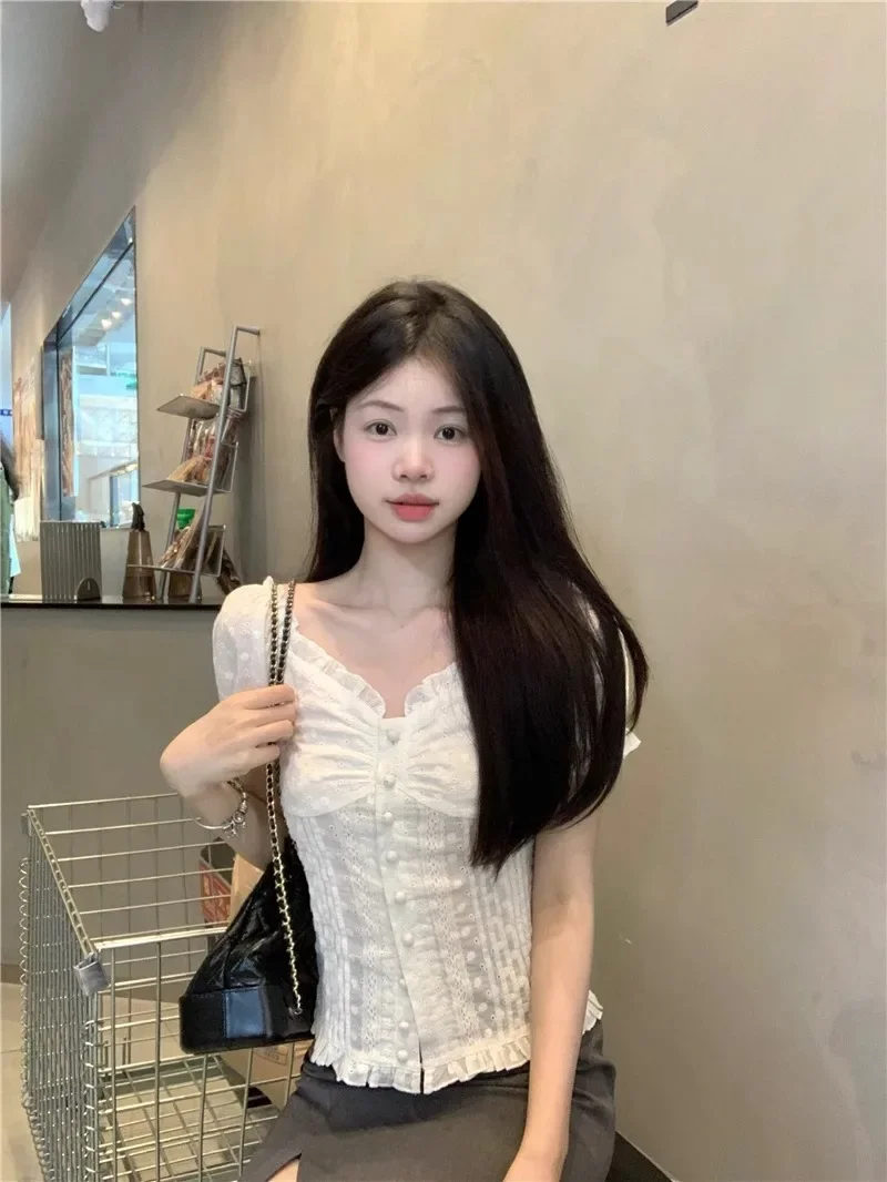 المرأة أنيقة الحلو قميص مطرز الدانتيل نفخة الأكمام بسيطة الكلاسيكية الخامس الرقبة قمصان قصيرة لطيف مثير فتاة حلوة سليم قمصان مناسبة #1