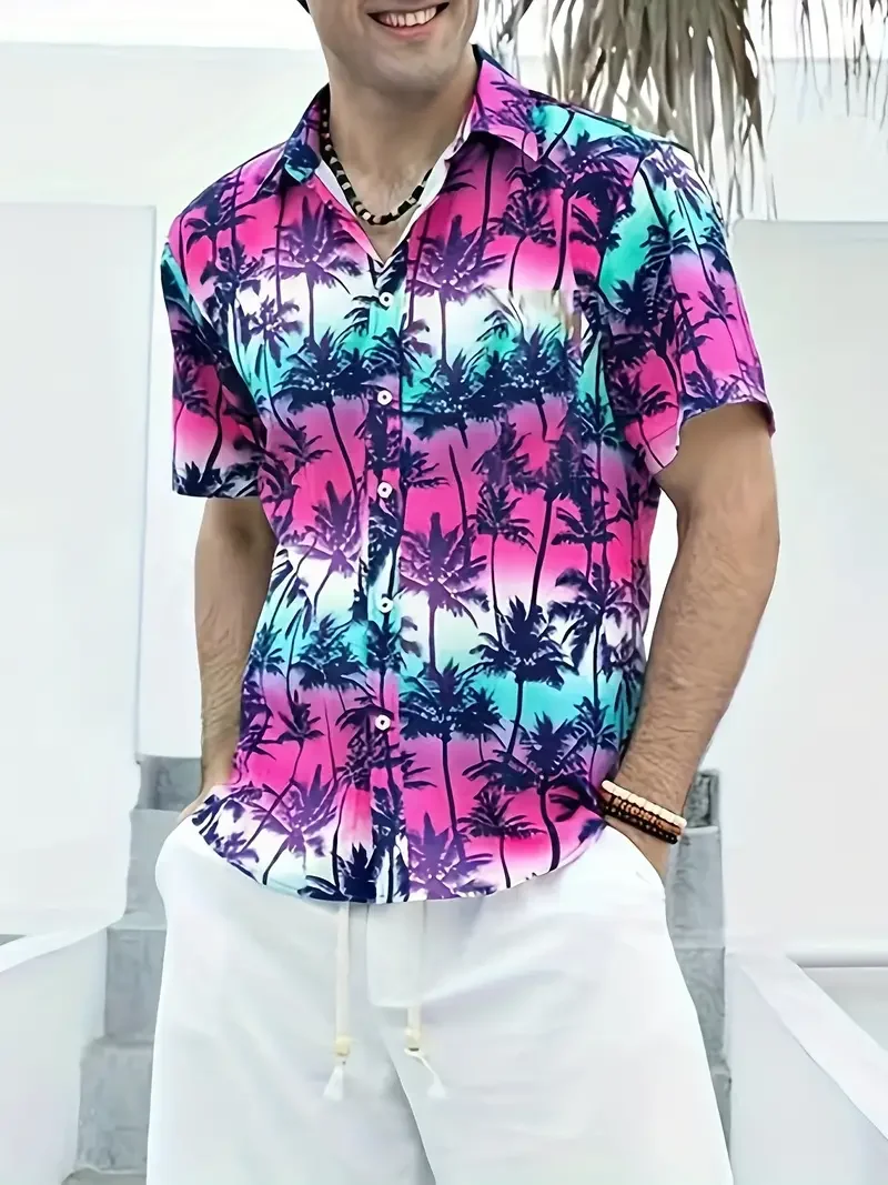 2024 Summer new men's Hawaiian Shirt 3D Plant shirt Hawaiian Beach Print Beach Short sleeve lapel top