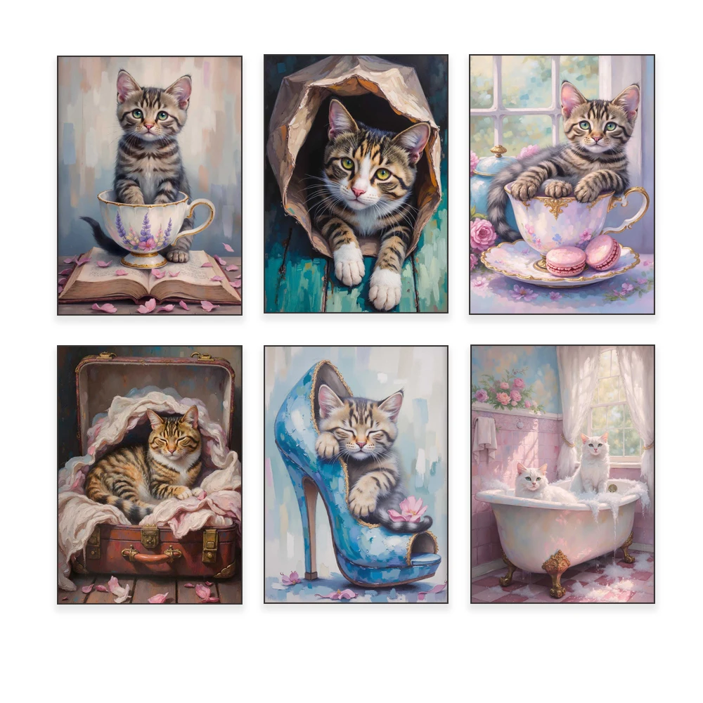 Cat art, cat bubble bath, tabby cat teacup, orange kitten peekaboo painting, royal pet portrait, vintage pastel toned cat poster