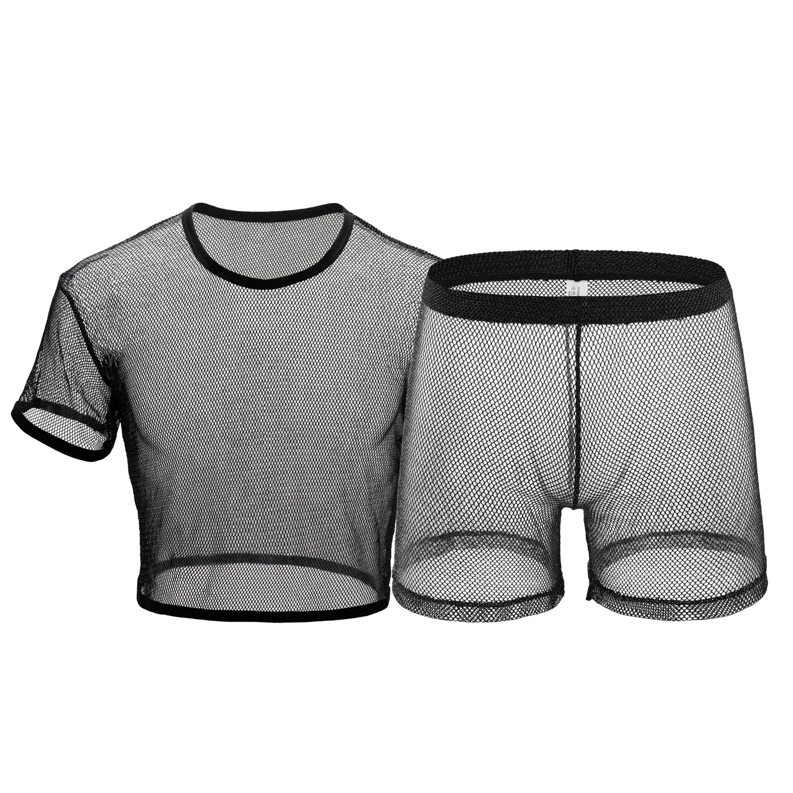 

Crop Tops Mesh Sexy Men Fishnet Boxers Set Lingerie Man Transparent Net Silvery Shine T-Shirt Hollow Out Clubwear