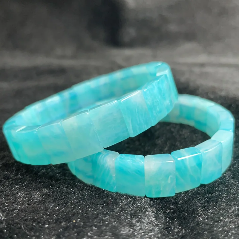 New AAAA 8X11MM Natural Crystal Blue Amazonite Rectangular Elastic Bracelet for Women's Fashion Charm Jewelry