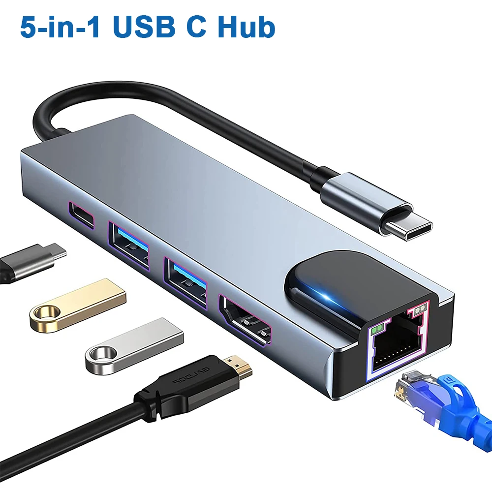 Adaptador multiportas compatível com HDMI USB tipo C, Hub 5 em 1, USB 3.0, 2.0, RJ45 Ethernet, Portas de carregamento PD