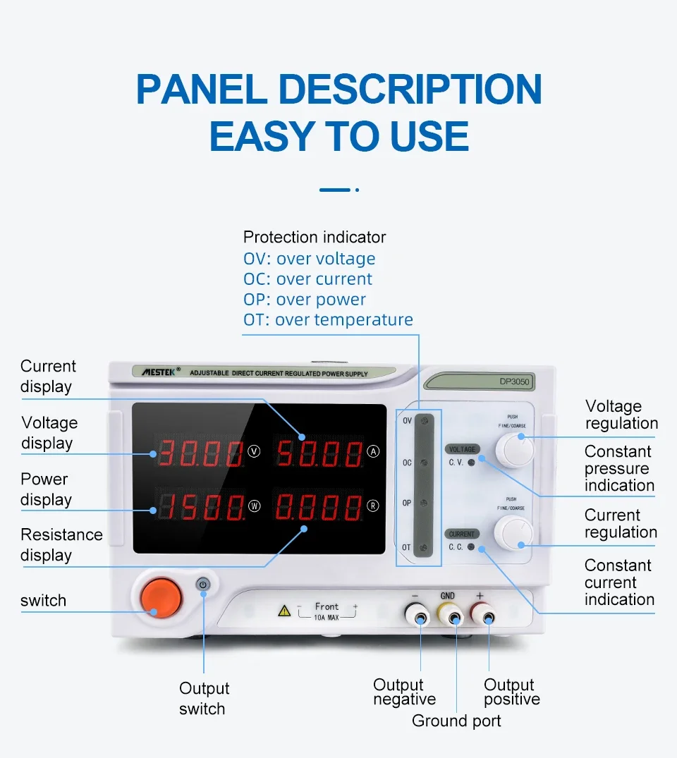 Mestek-fuente de alimentación de CC regulada de voltaje Variable, interruptor Dp3050, 1500w, 0-30v, 0-50A