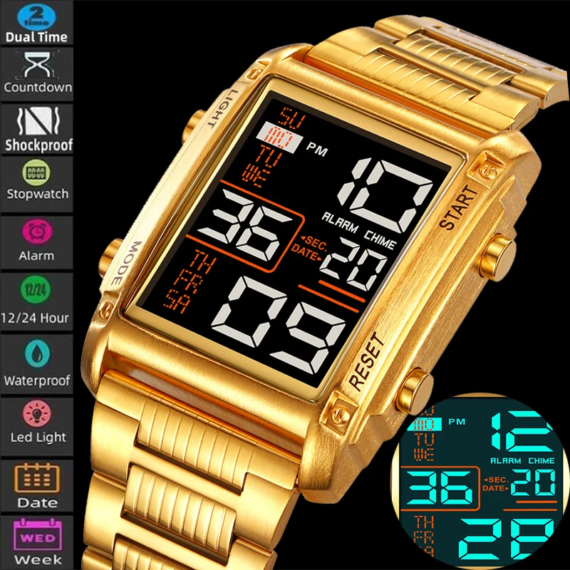 Skmei Mens Dual Time Luxury Stainless Steel Strap Hardness Glass Dial Led Waterproof Stopwatch Digital Sports Bracelet Watches