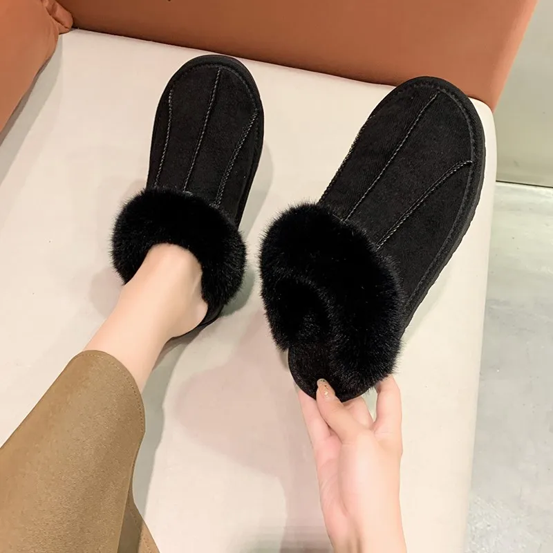 Women's 2022 Winter New Outer Wear Ins Fashion All-match Explosion-proof Home Non-slip Plush Toe Flat Half-slip Cotton Shoes